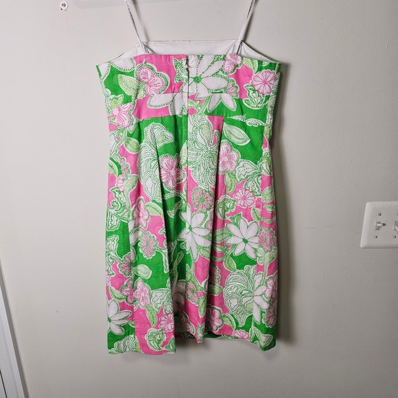 Lilly Pulitzer Strapless Dress Pink Green Floral Print Cotton Pleated Front‎ 4 - Picture 2 of 9